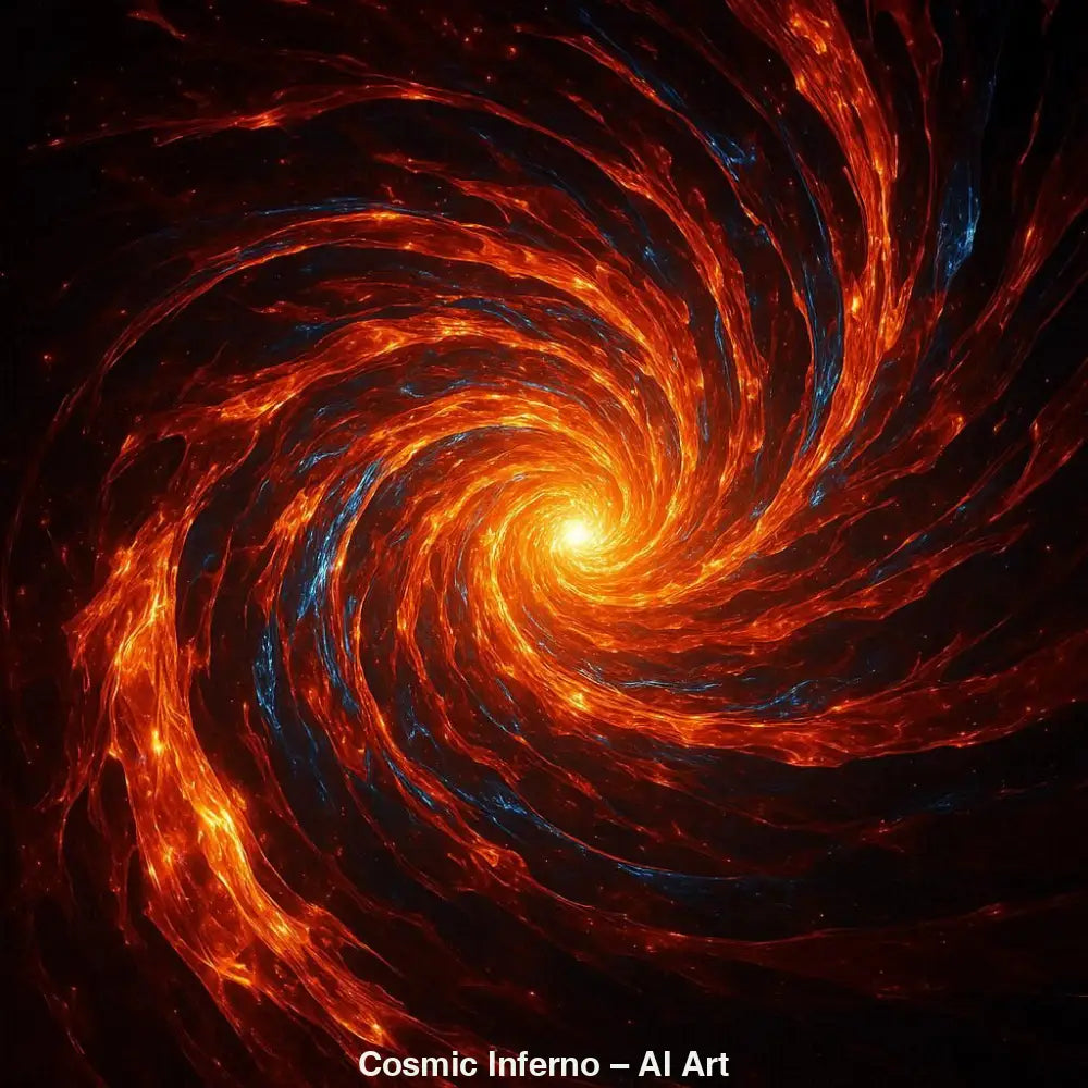 AI-Art Wirbel aus glühenden roten und orangenen Lichtbahnen im tiefen Weltraum.