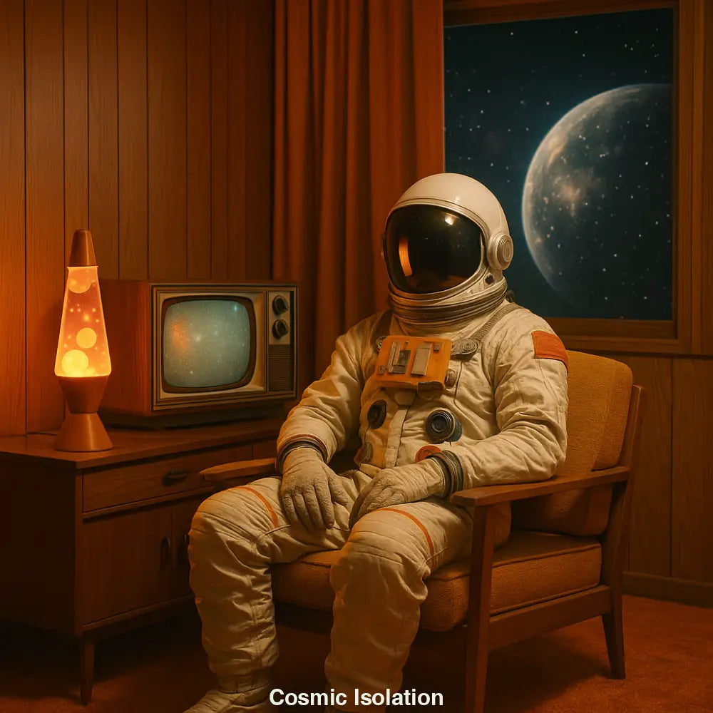 Astronaut in einem retro Wohnzimmer mit Lavalampe und altem Fernseher, im Fenster ein Planet im Weltraum sichtbar