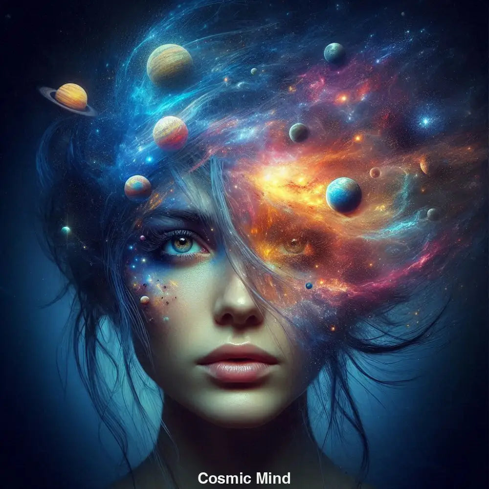 AI Porträt einer Frau mit Haaren aus Galaxien, Planeten und Sternen – leuchtend, surreal und kosmisch.