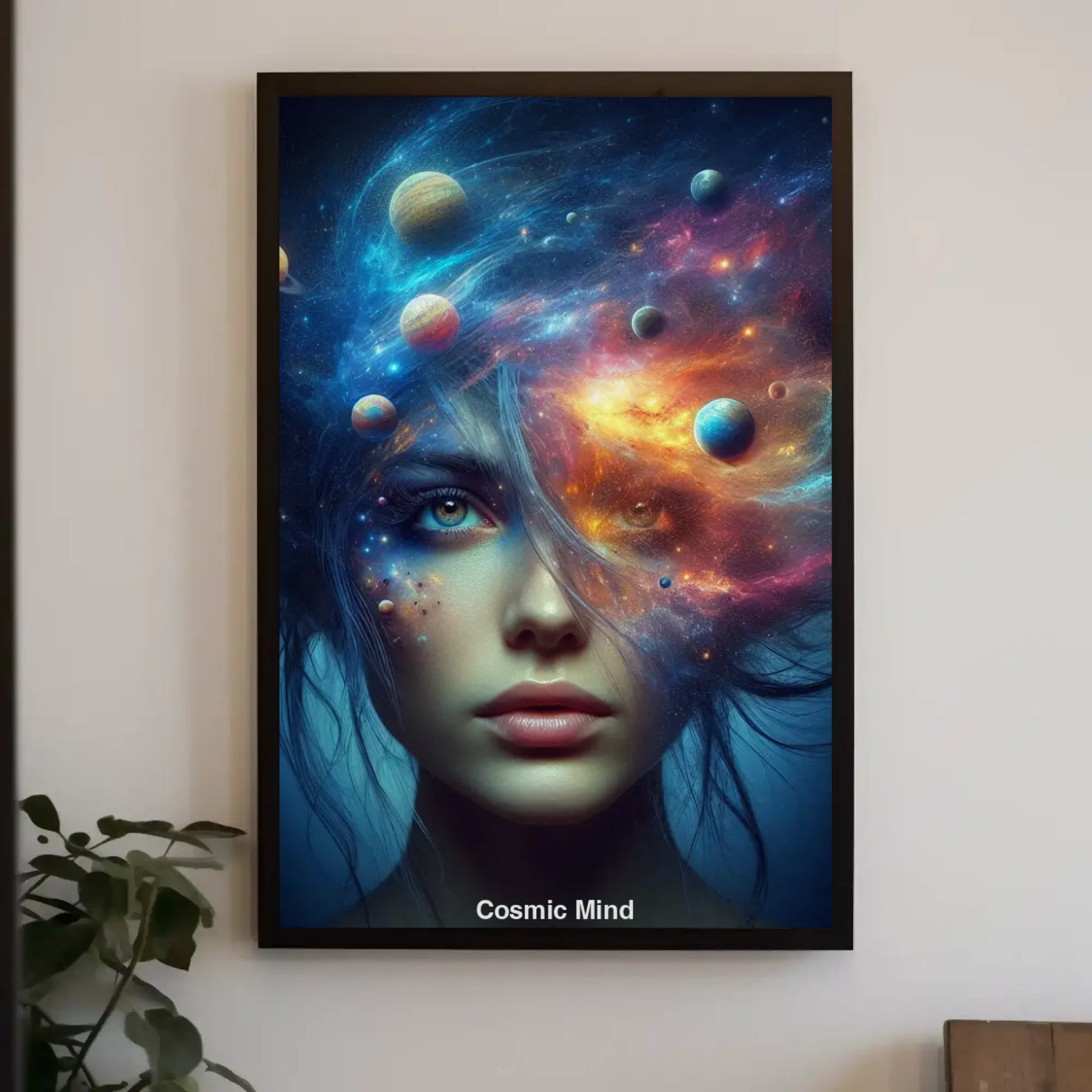 AI generiertes surrealistisches Porträt einer Frau mit galaktischen Haaren voller Planeten und Sternennebel.