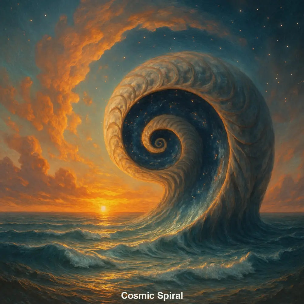 Spiralwelle erhebt sich aus dem Meer und öffnet sich in den Sternenhimmel – digitales Kunstwerk im surrealistischen Stil