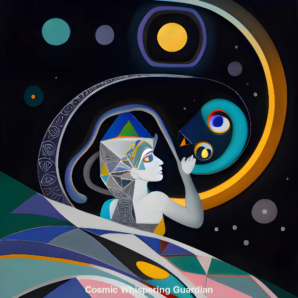 Stilisierte Frauenfigur mit polygonaler Kopfbedeckung beugt sich einem abstrahierten Vogel-Symbol zu, umgeben von leuchtenden Kreisen vor schwarzem Hintergrund.