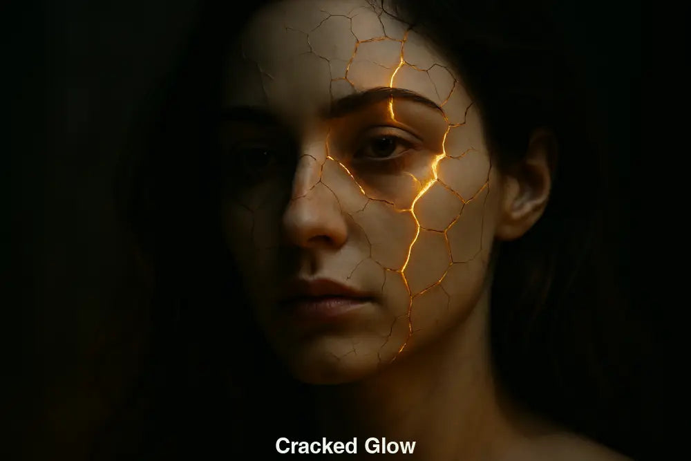 Porträt einer Frau mit rissiger Haut und goldenem Licht, das durch die Risse scheint – symbolisiert innere Stärke und emotionale Verletzlichkeit.