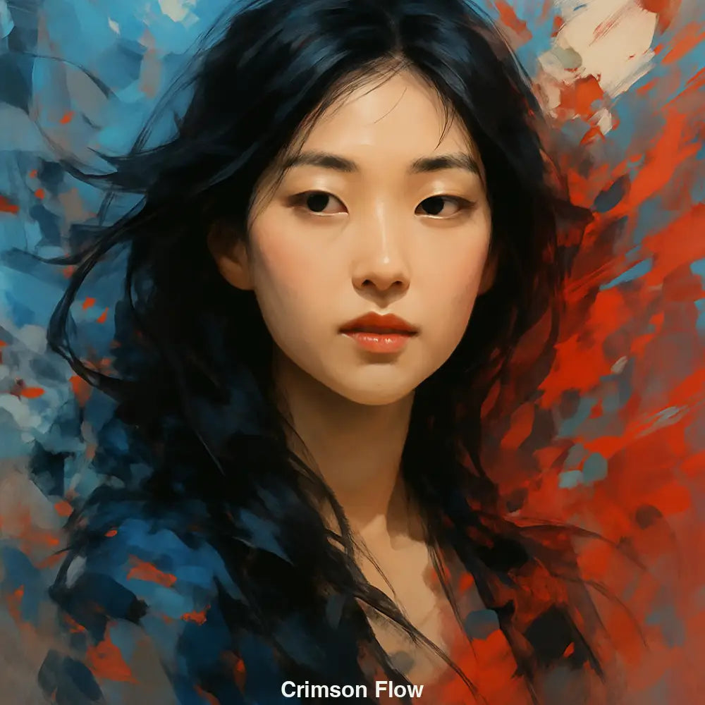 Porträt einer Frau mit dunklem Haar vor dynamischem Farbspiel in Rot und Blau – digitale AI Kunst mit malerischer Intensität