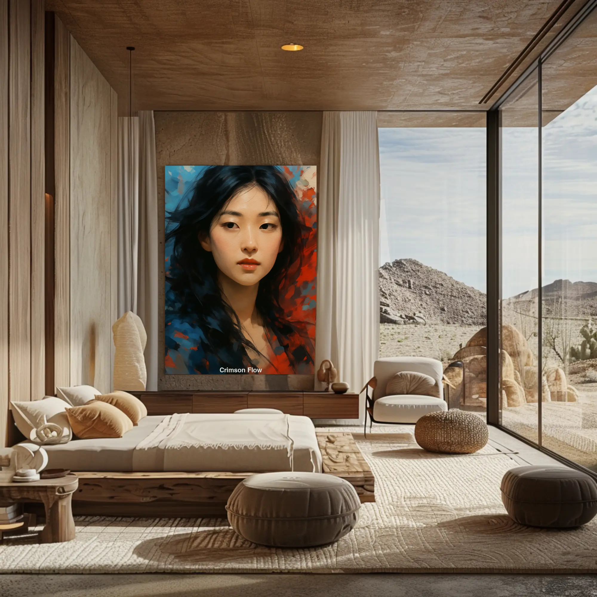 Mockup des Kunstwerks „Crimson Flow“ – abstraktes AI Porträt einer Frau vor expressivem Farbhintergrund in Rot und Blau