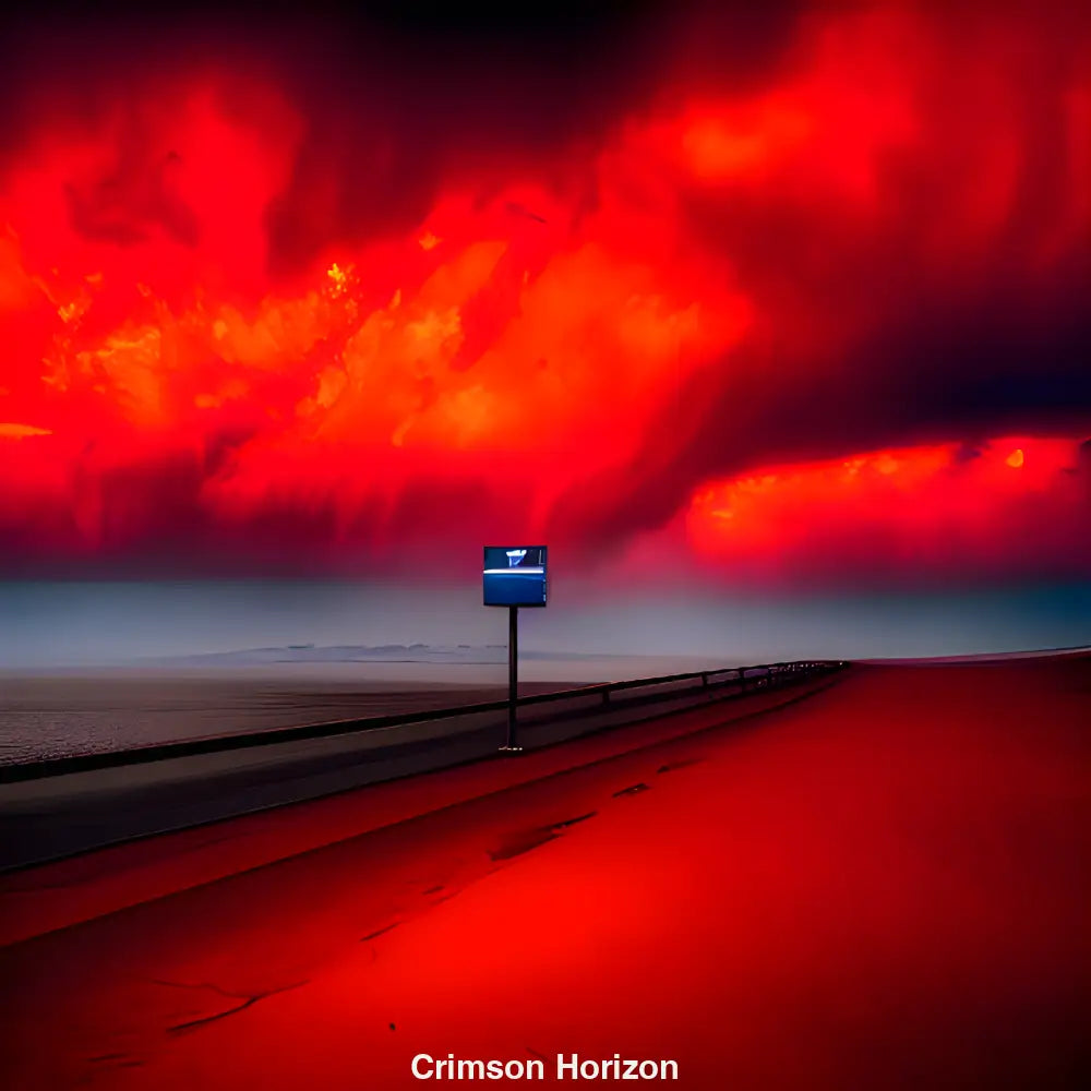 Minimalistische digitale Landschaft unter dramatisch rotem Himmel – symbolisiert Energie, Geheimnis und emotionale Tiefe.