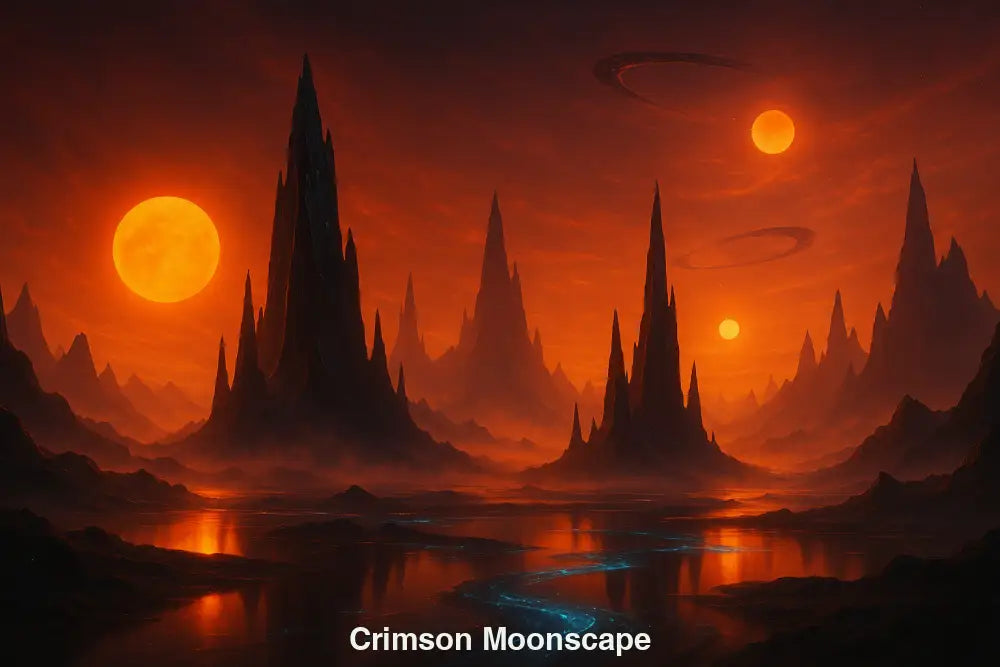 Science-Fiction-Landschaft mit mehreren Sonnen, roten Bergen und dunklem Himmel