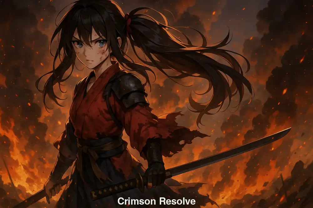 Anime samurai girl with long dark hair in battle stance, wearing torn armor and red kimono, with flames and smoke in background