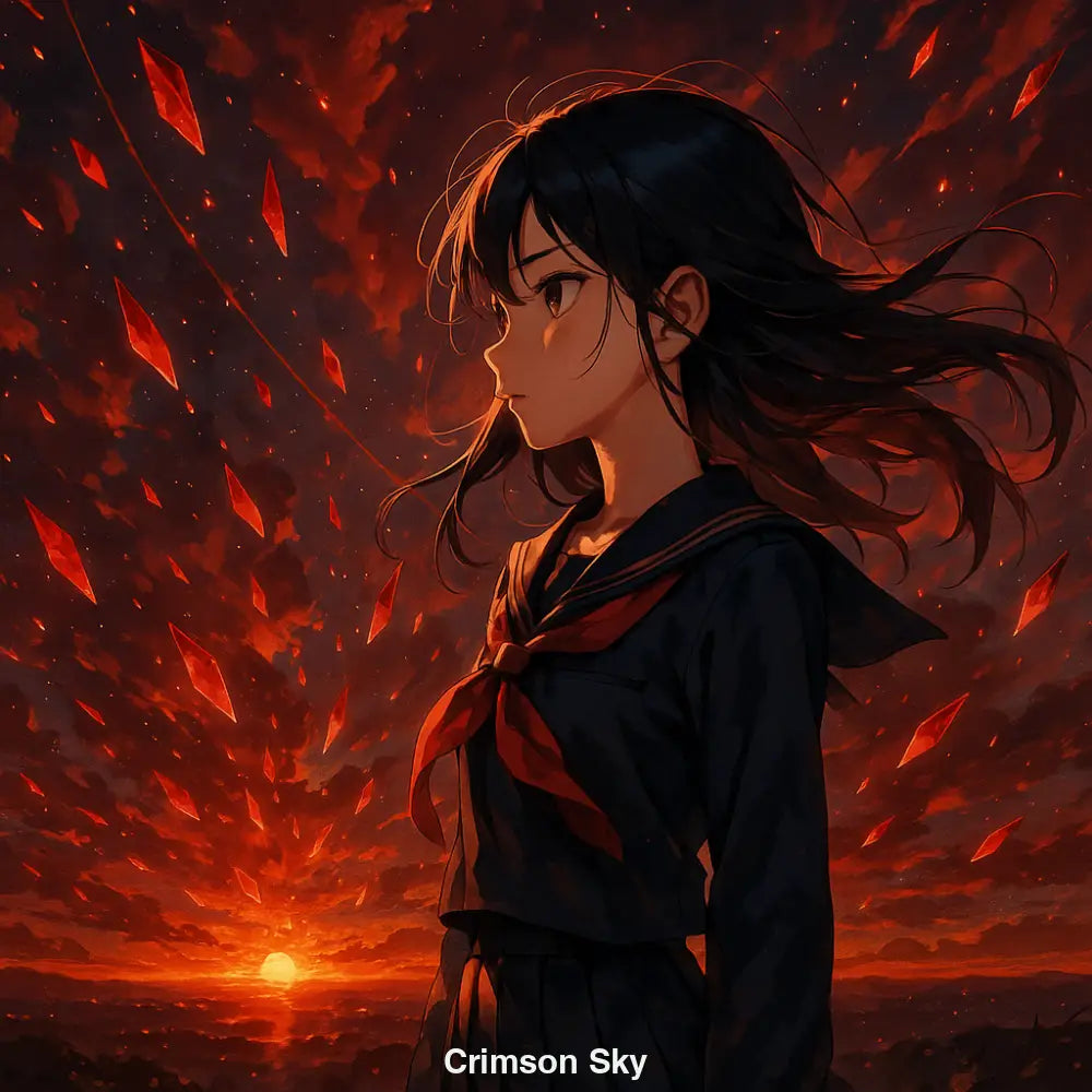 Anime-Girl vor flammendem Himmel mit schwebenden Kristallen – epische AI Art mit dramatischer Symbolik
