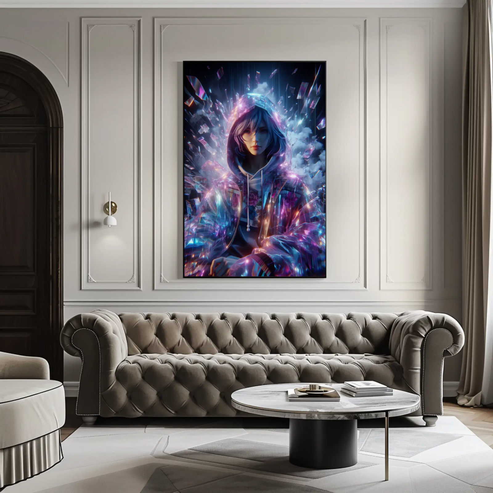 Mockup von Crystal Pulse – AI Art, futuristische Figur mit kristallinen Neon-Reflexen.