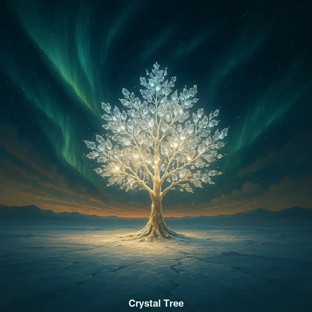 kristallbaum in eiswüste mit polarlichtern – magisches ki kunstwerk voller licht