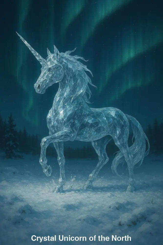 Kristallines Einhorn aus Eis auf verschneiter Lichtung, beleuchtet von grün-bläulichen Polarlichtern am Nachthimmel.