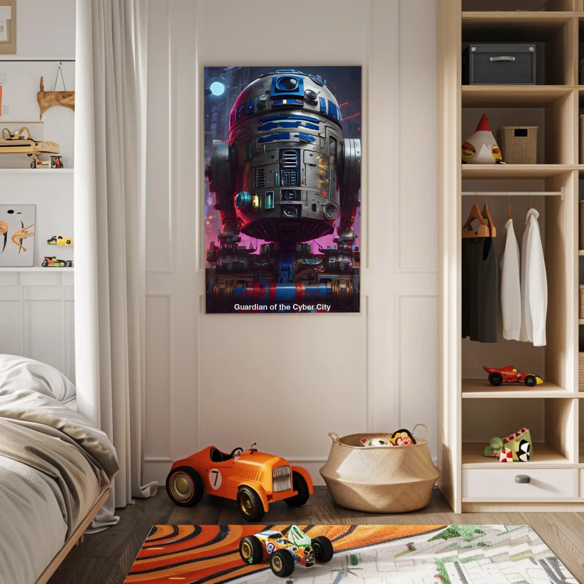 Futuristische Figur mit leuchtenden Farben vor einer digitalen Stadtkulisse