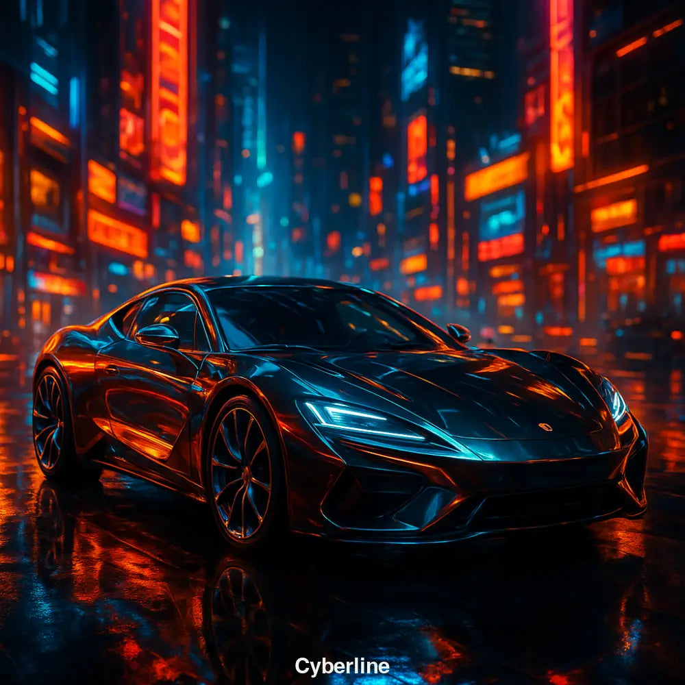Futuristisches Auto in nächtlicher Cyberpunk-Stadt mit Neonlichtern und Spiegelungen