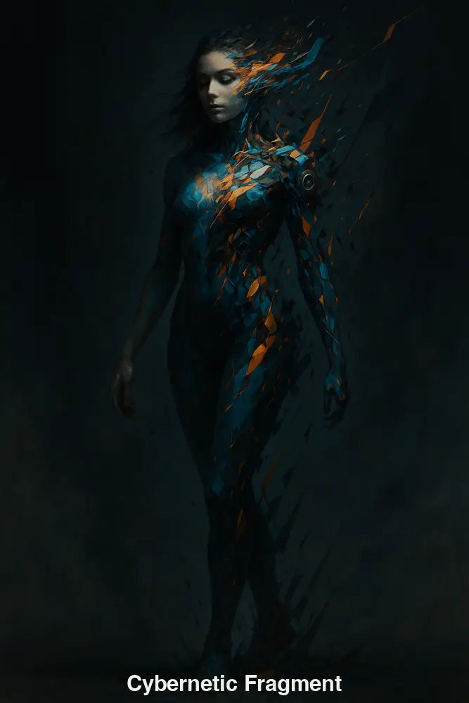 Futuristische, fragmentierte Cyborg-Frau mit blauen und orangen Polygonen auf dunklem Hintergrund – digitale Sci-Fi-Kunst.