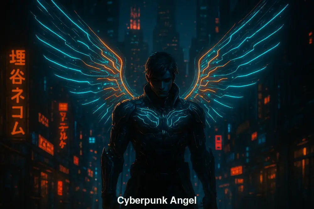 Cyberpunk-Engel mit leuchtenden, neonblauen Flügeln vor futuristischer Stadtlandschaft bei Nacht