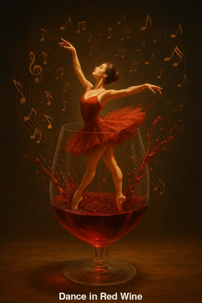 ballerina tanzt im glas mit rotem wein umgeben von musiknoten – digitale ki kunst