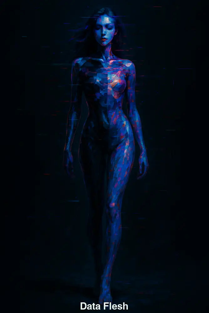 Digitales Ganzkörperporträt einer Frau mit glitchartiger Hautstruktur – Verschmelzung von Mensch und Daten.