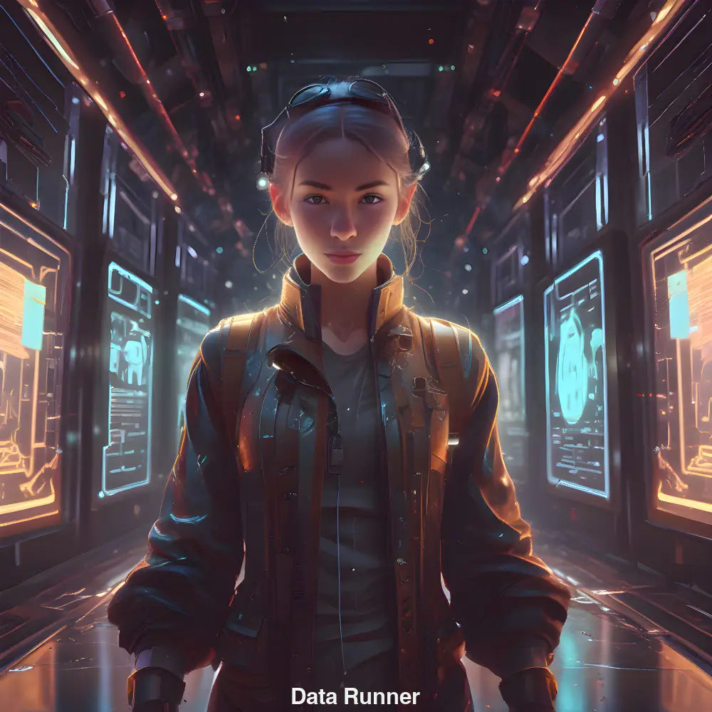 Junge Frau mit reflektierender Jacke in futuristischem Korridor, umgeben von holografischen Bildschirmen.