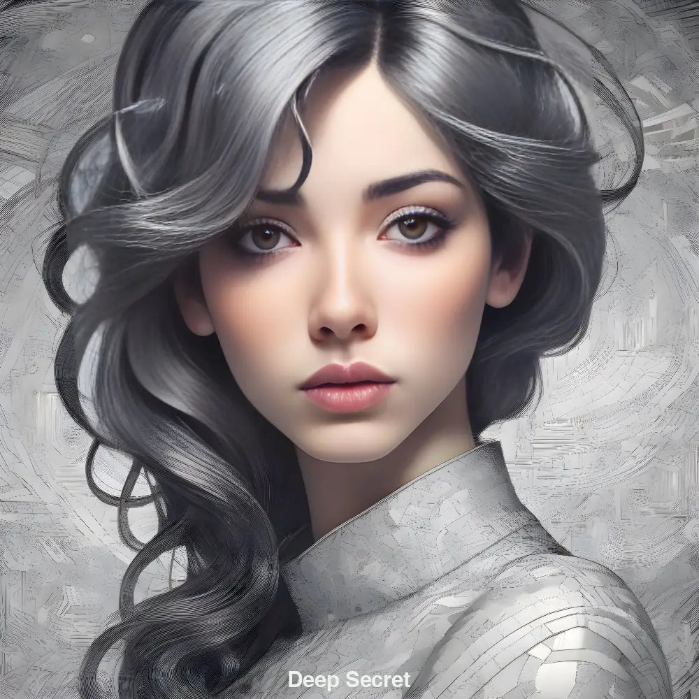 Mysteriöses Porträt einer Frau mit silbrig schimmerndem Haar und abstrakten Mustern im Hintergrund – Aura von Geheimnis und Tiefe.