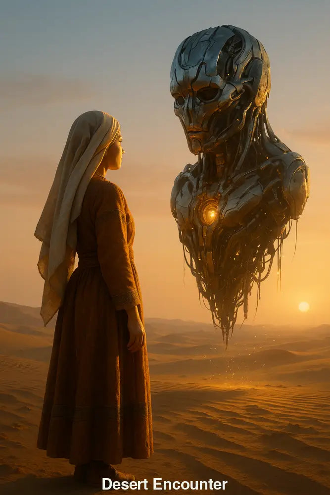 Frau in Wüstenlandschaft steht einem schwebenden, futuristischen Roboter gegenüber – symbolisiert Kontrast zwischen Tradition und Zukunft.
