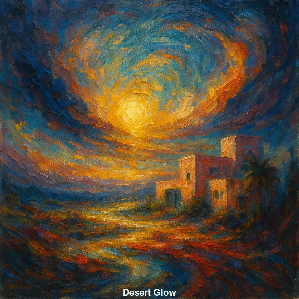 Digitale Malerei mit leuchtendem Himmel in Wirbelform über Wüstenhäusern – ausdrucksstarke Wüstenlandschaft in kräftigen Farben