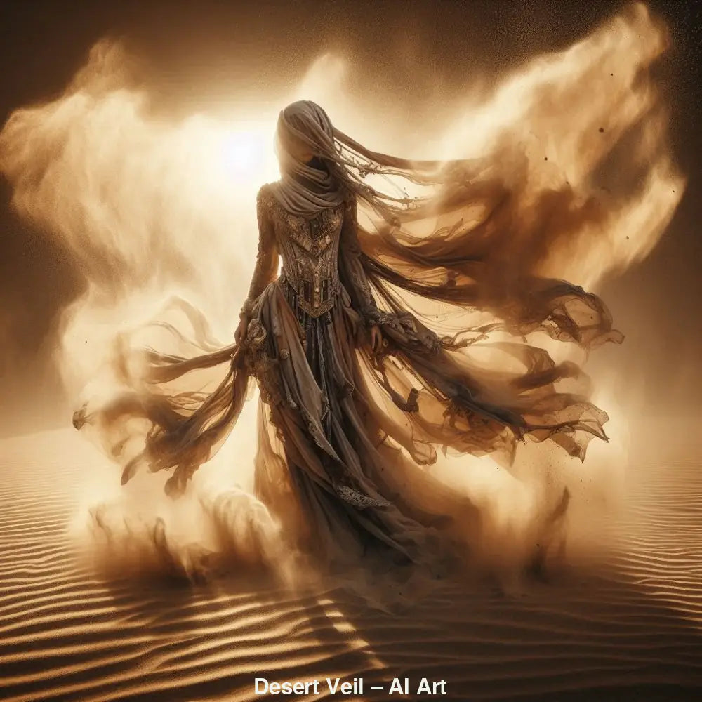 AI Art Frau in wehenden Stoffen in der Wüste, beleuchtet von Sonnenlicht und Sandwolken.