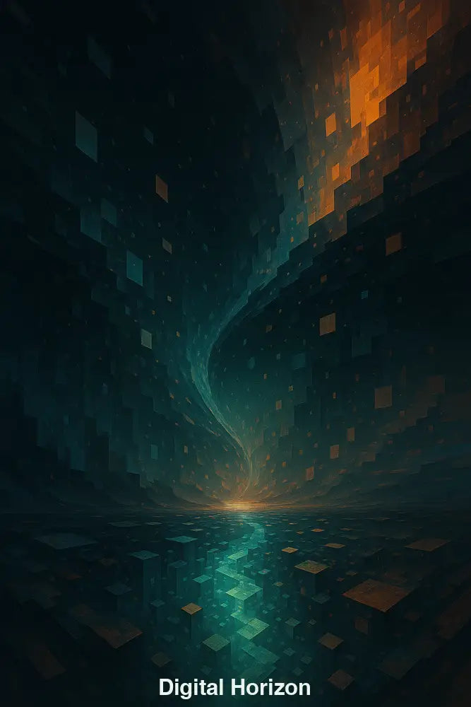 Abstrakte digitale Landschaft mit pixelartigen Formen und leuchtendem Horizont