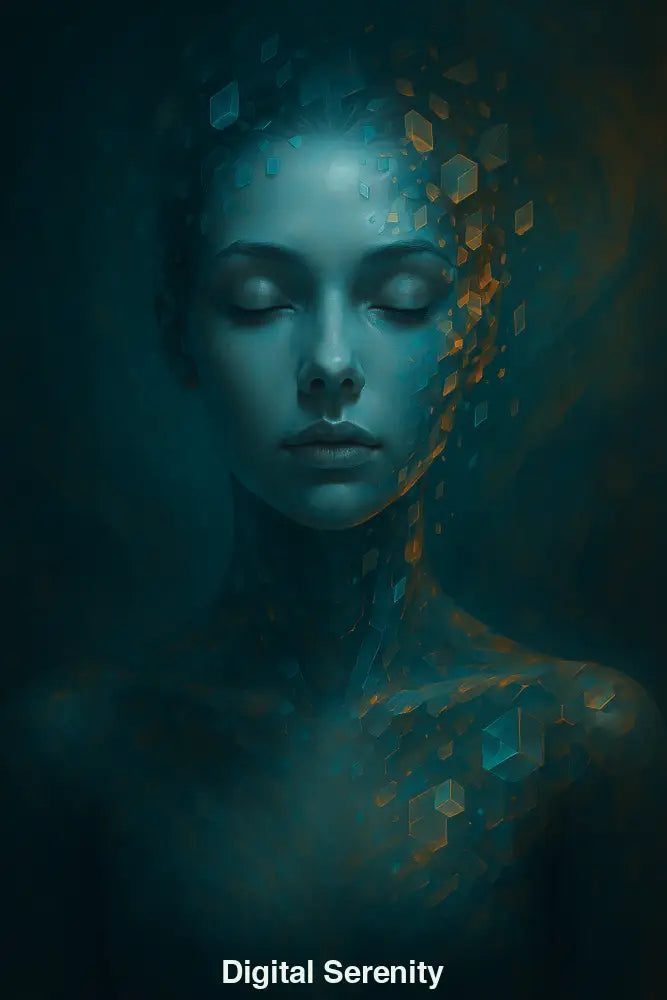Porträt einer Frau mit geschlossenen Augen, KI-generiert, mit geometrischen Pixeln – „Digital Serenity“ Kunstwerk