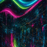 Digital Tide – AI Art, leuchtende Neonwellen in Pink, Grün und Türkis auf dunklem, reflektierendem High-Tech-Hintergrund.