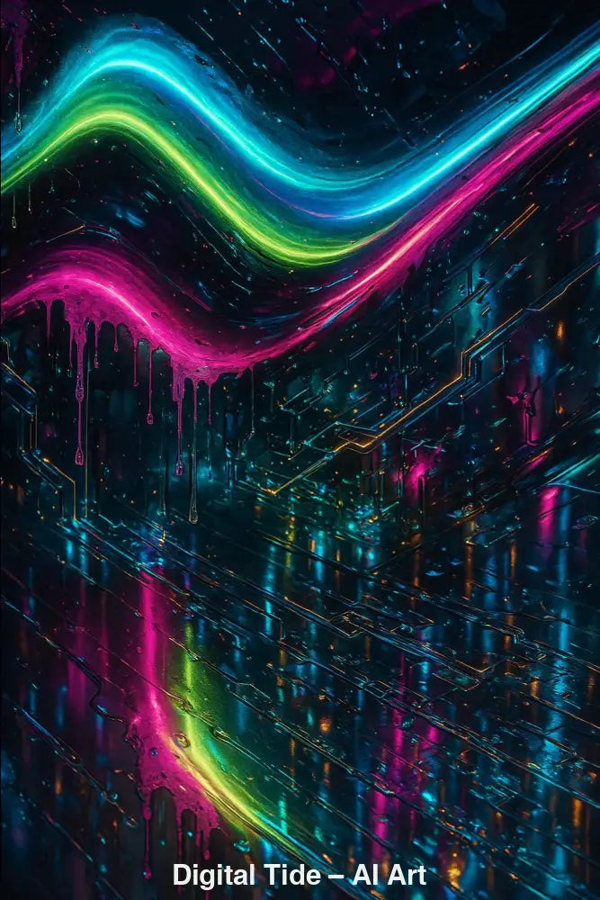 Digital Tide – AI Art, leuchtende Neonwellen in Pink, Grün und Türkis auf dunklem, reflektierendem High-Tech-Hintergrund.