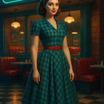 Frau im 50er-Jahre-Kleid mit rotem Gürtel vor einem leuchtenden Retro-Diner bei Nacht