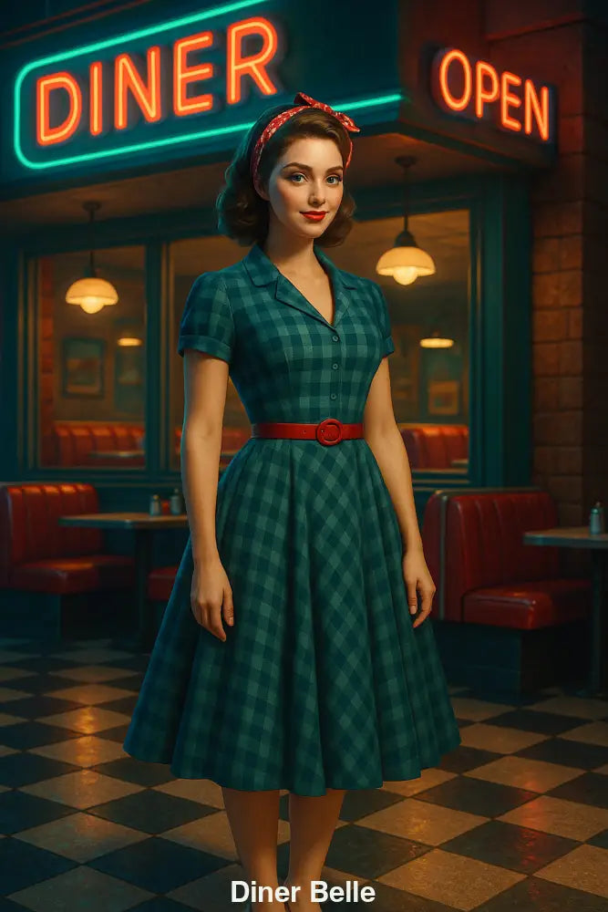 Frau im 50er-Jahre-Kleid mit rotem Gürtel vor einem leuchtenden Retro-Diner bei Nacht