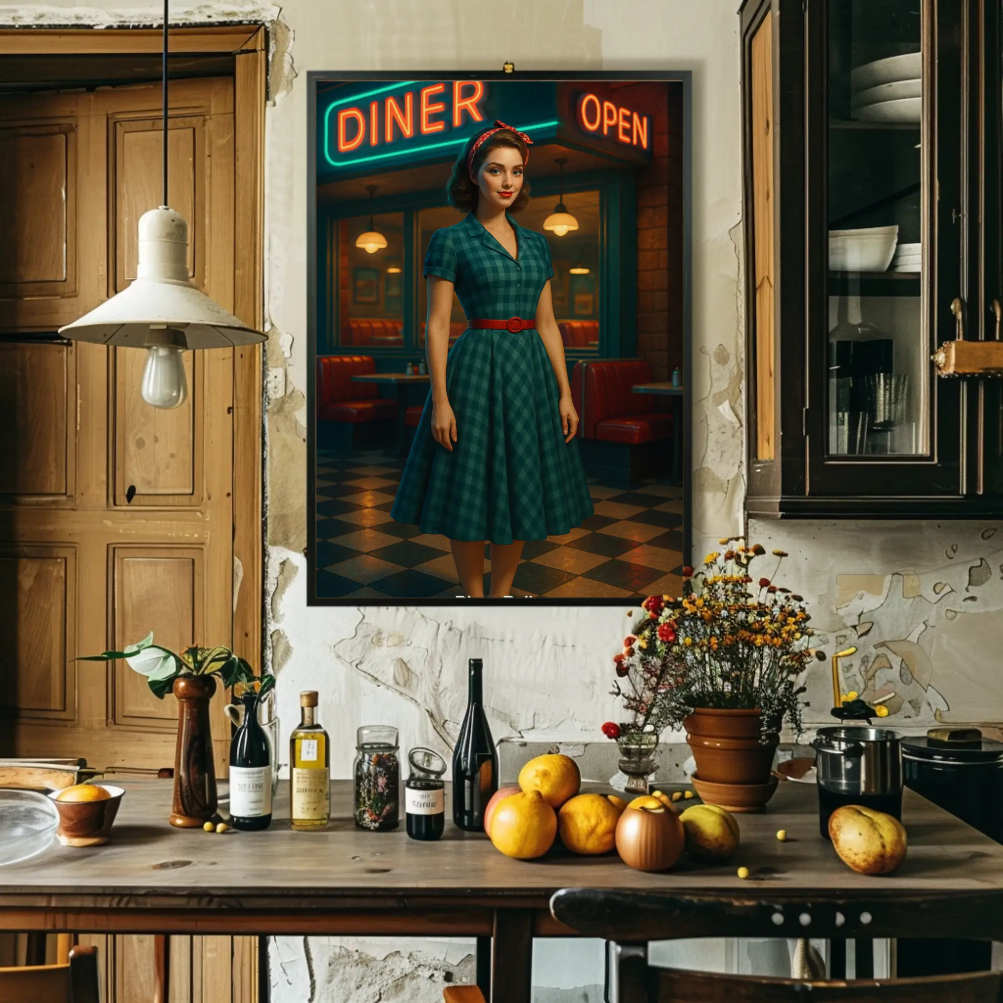 Mockup des Kunstdrucks „Diner Belle“ mit Frau im Retro-Kleid vor American Diner
