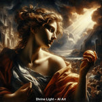Divine Light – AI Art, Frau im goldenen Licht mit antiker Kulisse und dramatischer Himmelsbeleuchtung.
