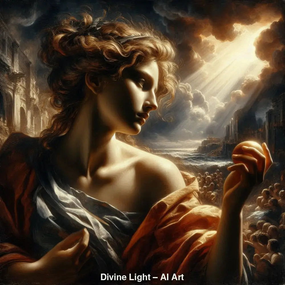 Divine Light – AI Art, Frau im goldenen Licht mit antiker Kulisse und dramatischer Himmelsbeleuchtung.