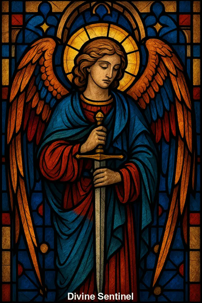 Stilisierter Engel mit Schwert im Glasfenster-Stil, farbintensiv mit blauen, roten und goldenen Elementen