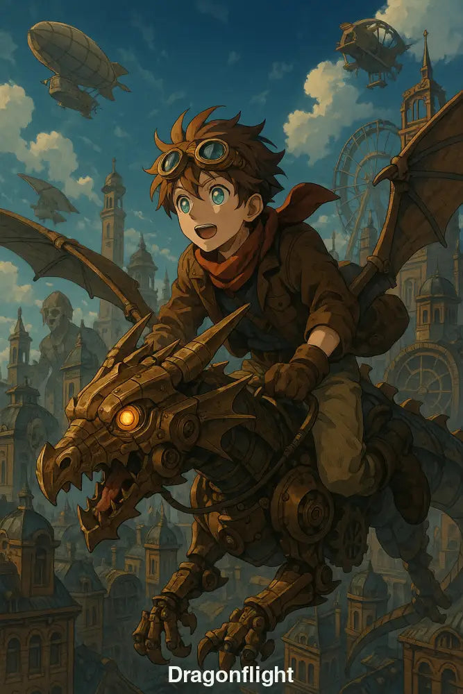 Junge mit Fliegermütze reitet mechanischen Drachen vor Steampunk-Stadt mit Luftschiffen und Zahnrädern.