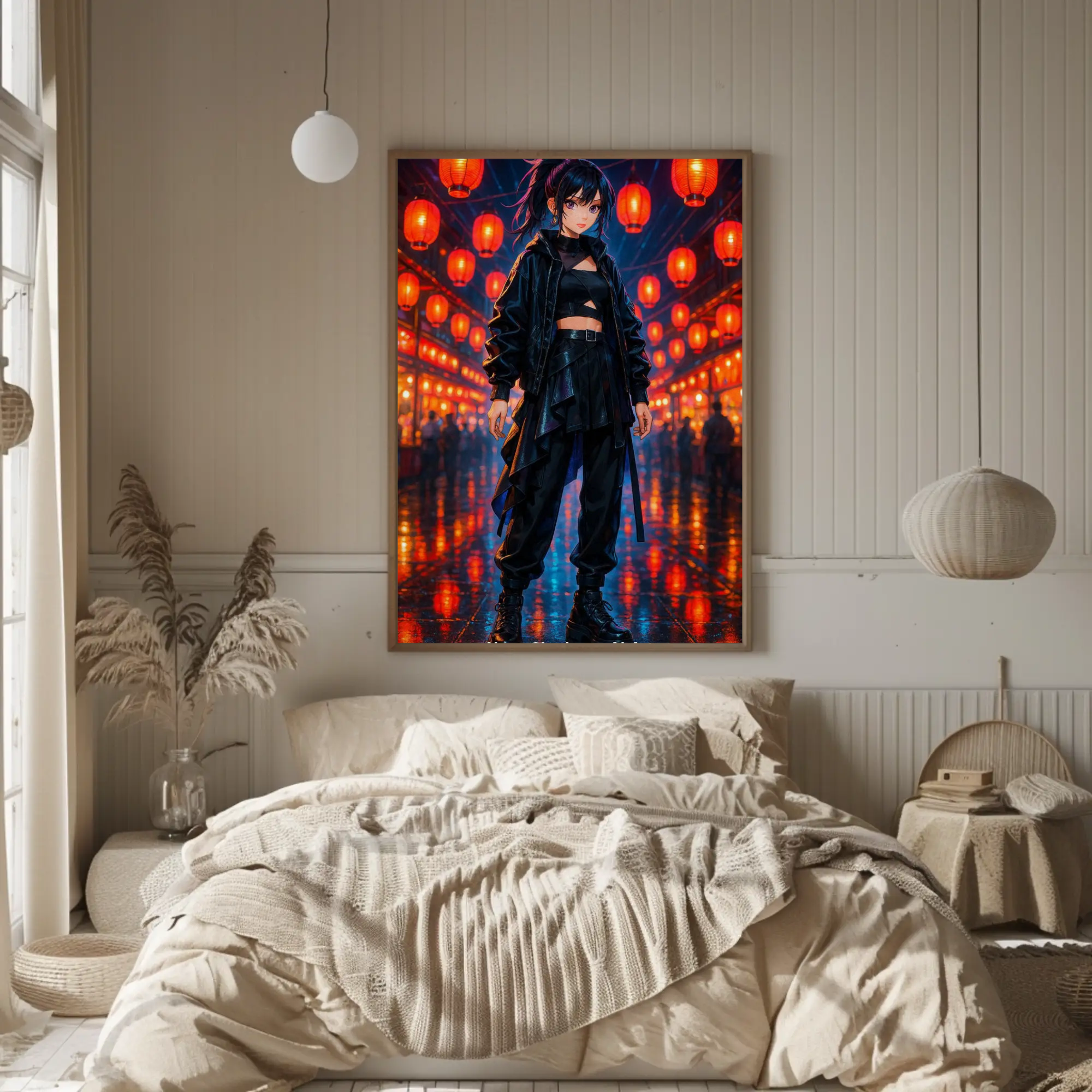 Dunkler Fine Art Print mit leuchtenden Lichtpunkten über modernem Bett