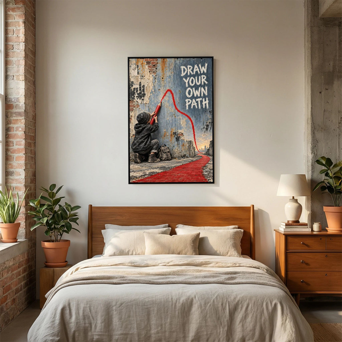 Gerahmtes Street Art Leinwandbild mit Kind, rotem Stift und selbst gezeichnetem Weg vor rauer Mauer in einem Urbanen eingerichteten Schlafzimmer.