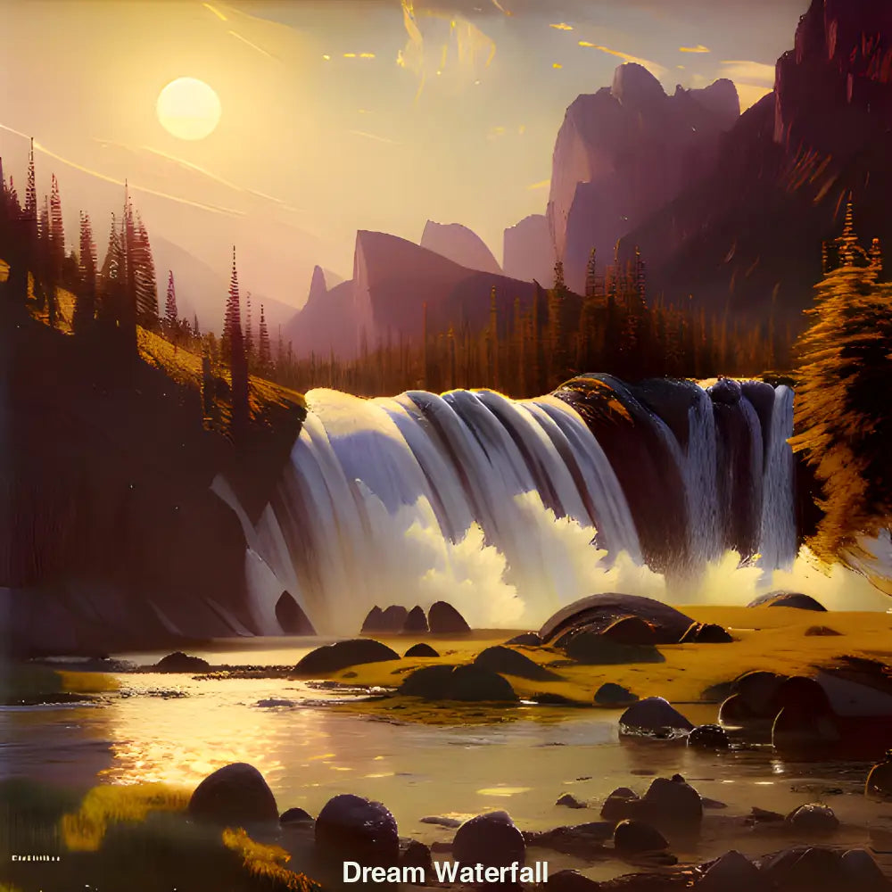 dyllischer Wasserfall in kristallklarem Wasser, umgeben von sattem Sommergrün und goldenem Sonnenlicht – KI-generiertes Landschaftskunstwerk.