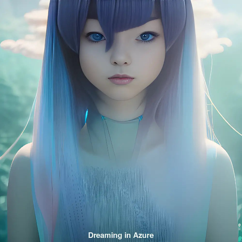 Ätherisches Porträt eines Mädchens in kühlem, azurblauen Licht mit fließendem Haar und geheimnisvoll ruhigem Ausdruck.