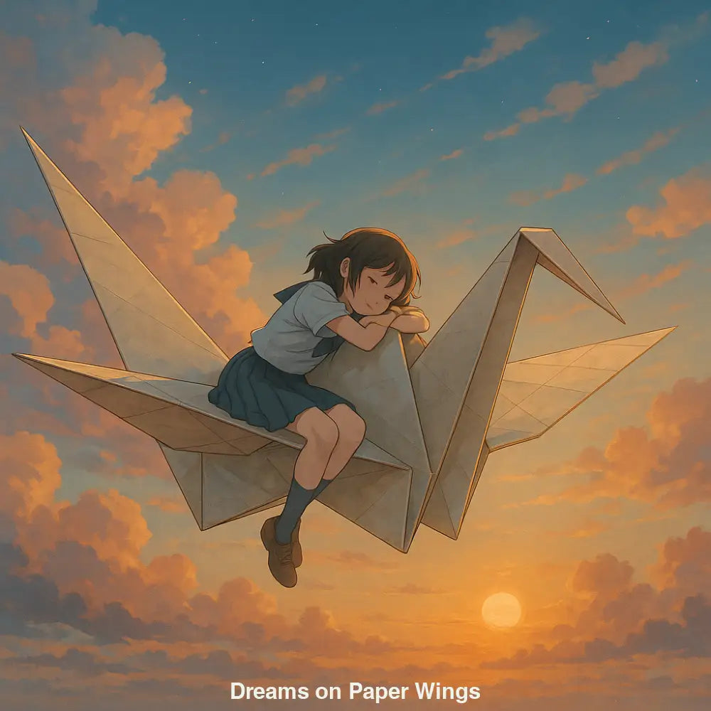 Träumendes Mädchen auf riesigem Origami-Kranich fliegt durch farbenfrohen Abendhimmel mit weichen Wolken.