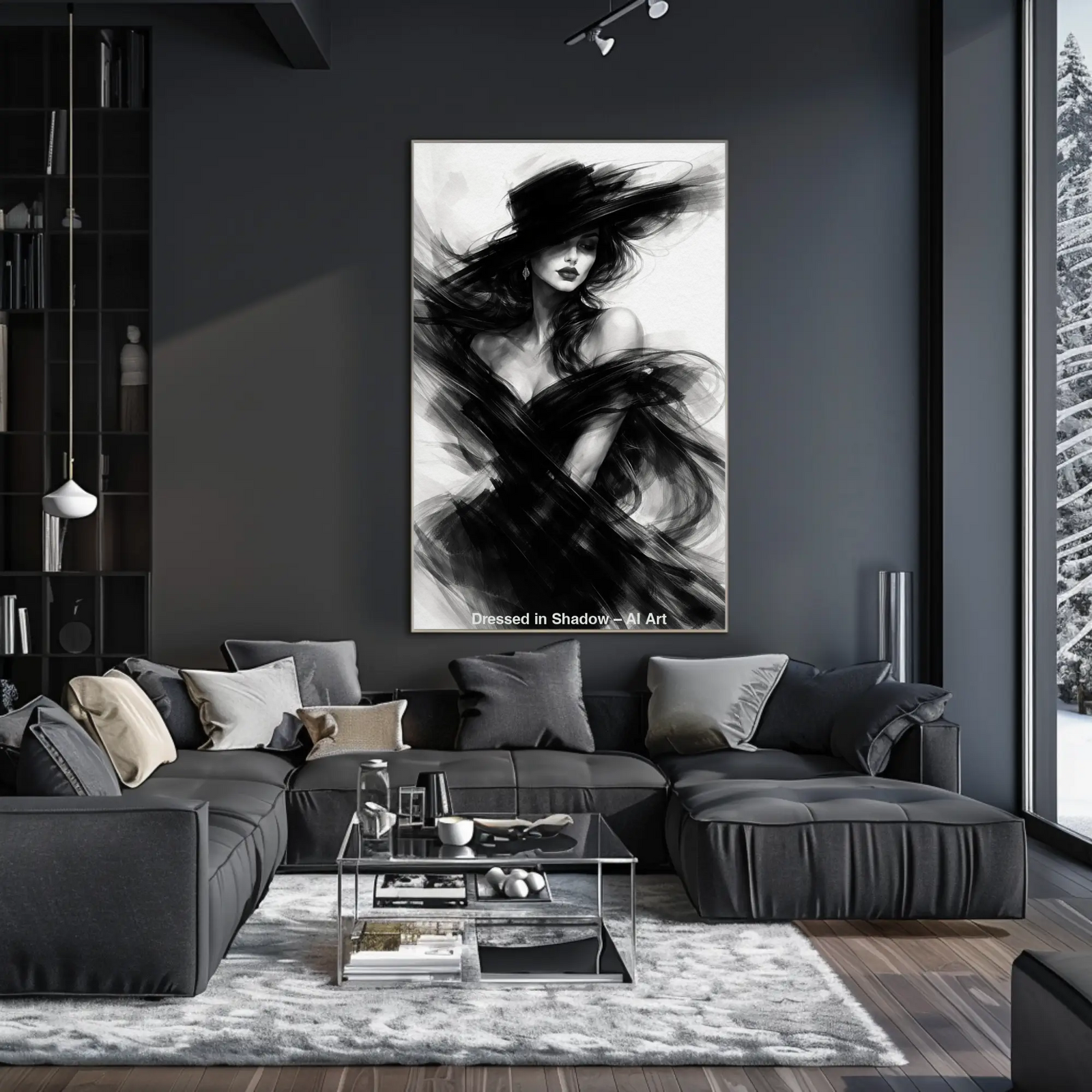 Mockup eines modernen, minimalistischen Wohnraums mit dem AI-Kunstwerk „Dressed in Shadow“ als elegantes Schwarz-Weiß-Porträt mit dynamischen Pinselzügen