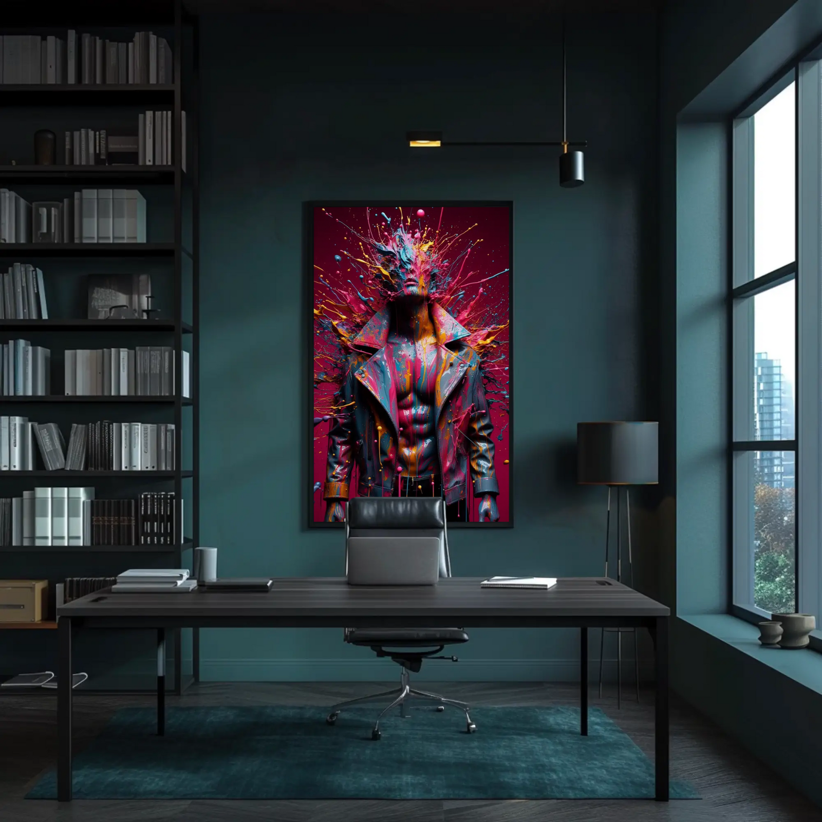 Mockup von Drip Identity – AI Art, farbexplodierende Figur mit Neon- und Paint-Drip-Ästhetik.