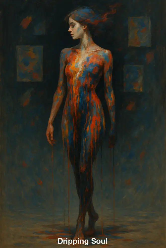 Frau mit tropfender Körperbemalung in rot-blau, stehend vor abstrakten Farbflächen.