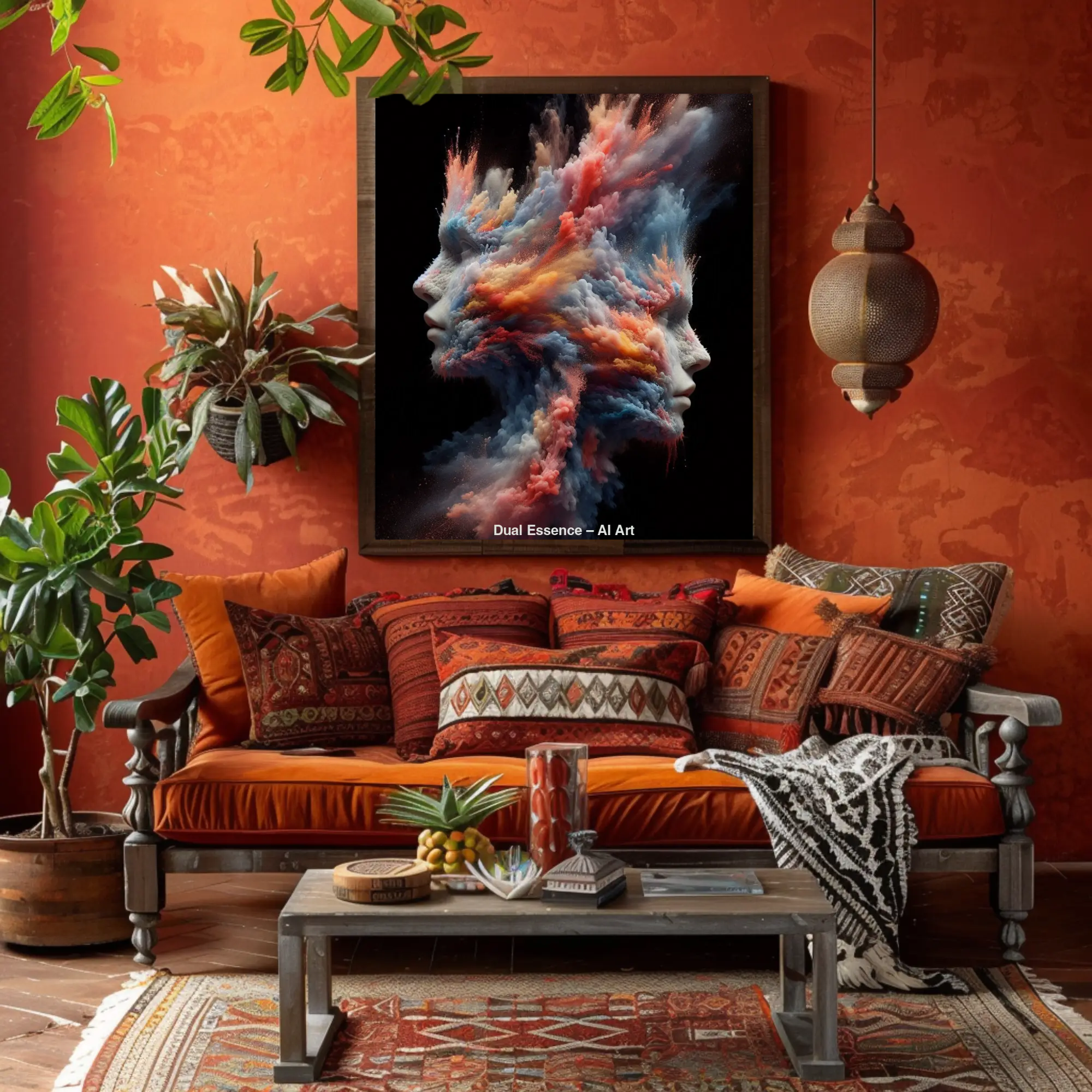Mockup von zwei Gesichtern aus Farbwolken in Blau, Orange und Pink, gestaltet in digitaler Kunst und abstrakter Portraitkunst.