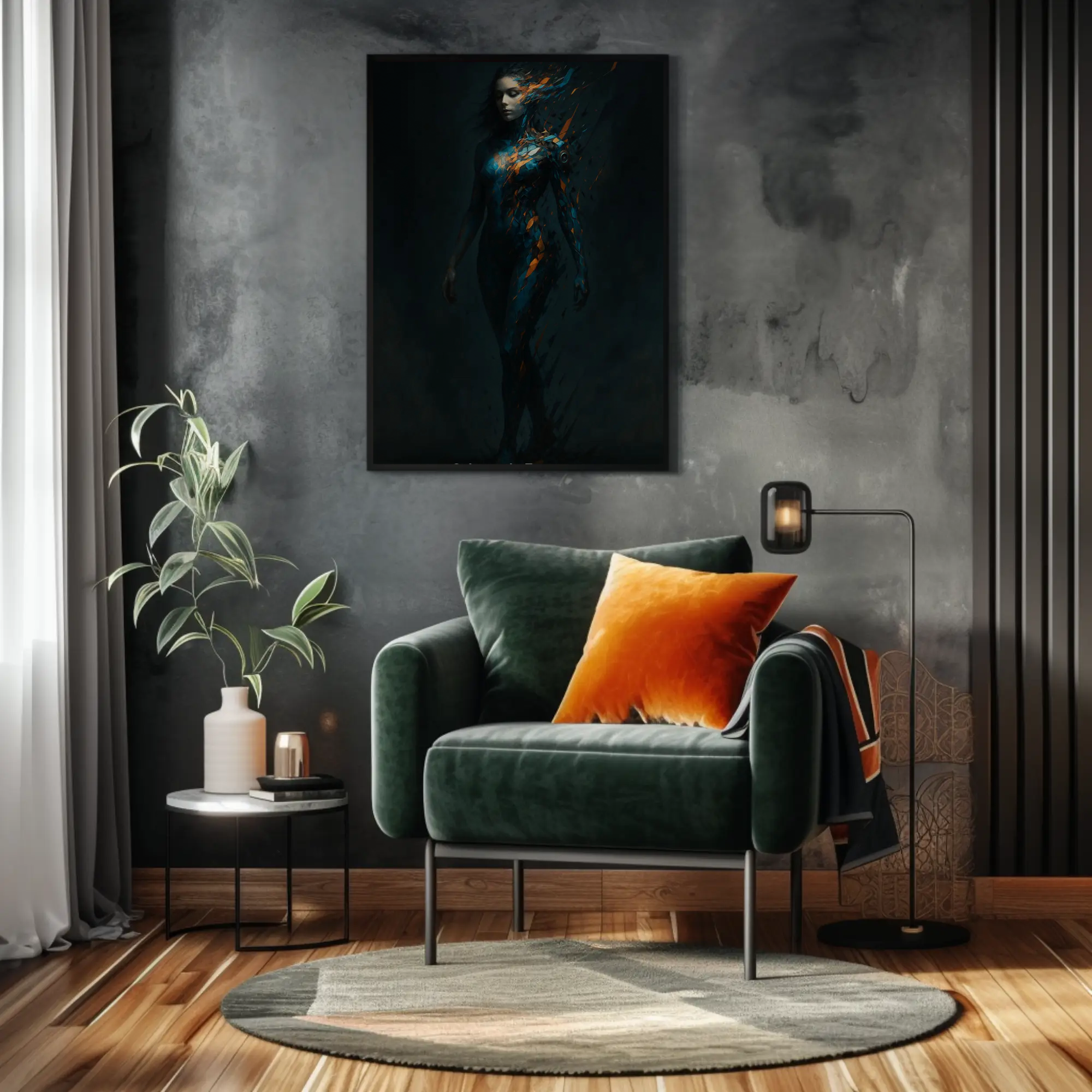 Abstrakte Figur als Fine Art Print im modernen Wohnzimmer mit warmem Licht