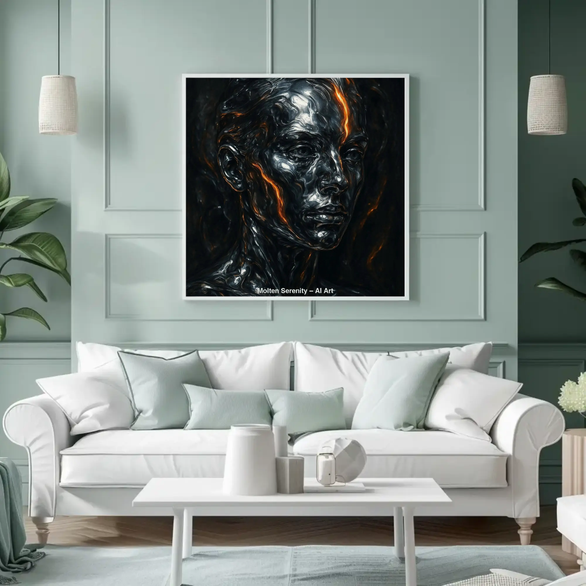 Moderner Fine Art Print mit dunklem Portrait und kupferfarbenen Lichtakzenten im minimalistischen Interior