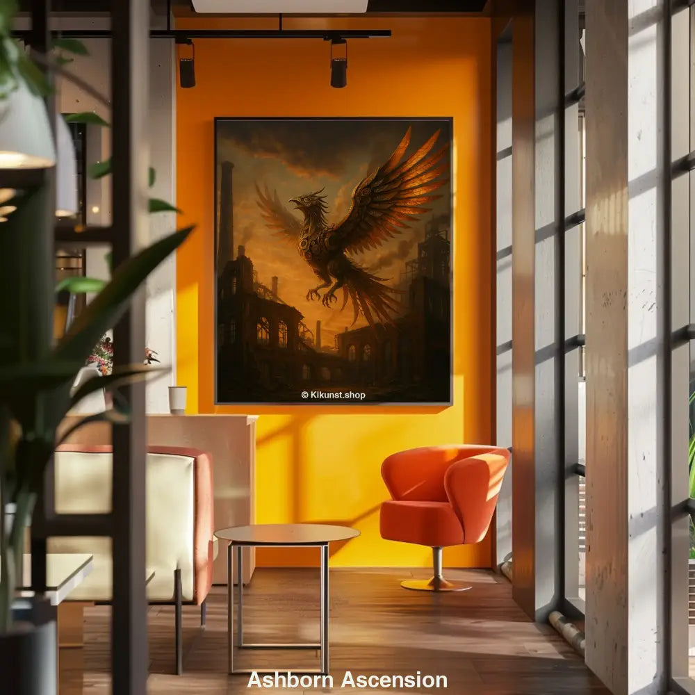 Fine Art Print mit dunklem Fantasy Motiv und Flügeln an moderner Wandbeleuchtung